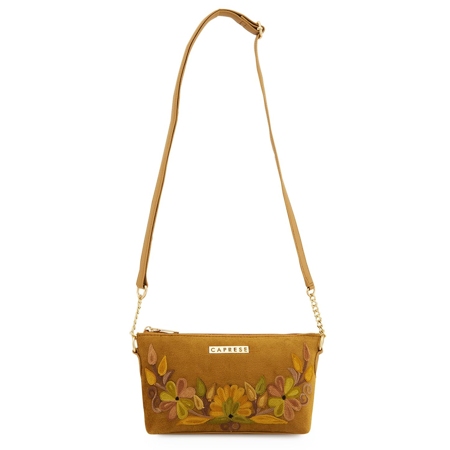 Caprese Siji Tresna Small Sling Bag for Women | Kashida Embroidery Crossbody with Adjustable Strap & Secured Zip Closure | Stylish Handbag for Everyday Use, Travel & Special Occasions (Brown)