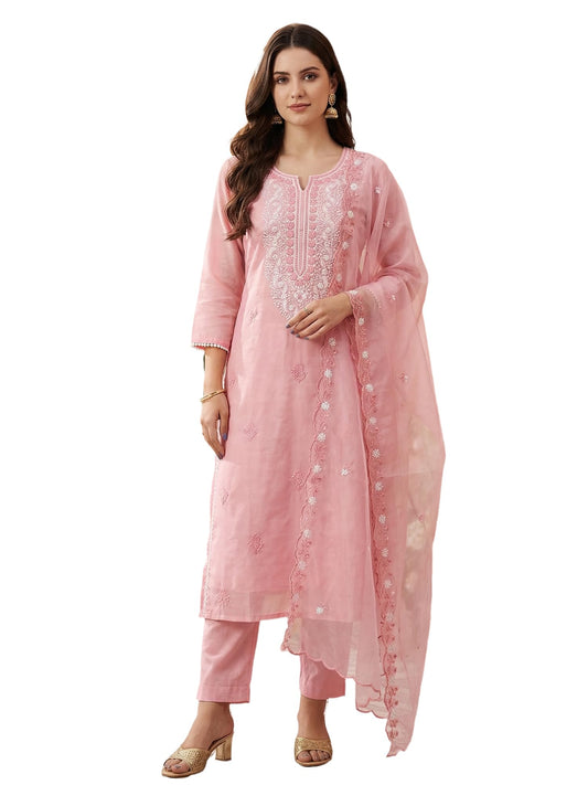 INDO ERA Women's Silk Blend Embroidered Ethnic Motifs Round Neck Straight Calf Length Kurta Pant with Dupatta (Pink_BB9KH371_Large)