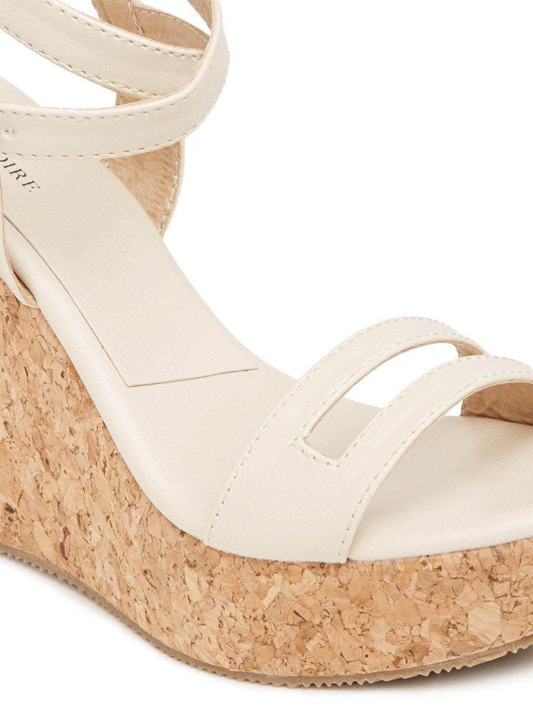 Marc Loire Womens Platform Wedge High Heel Fashion Sandals With Adjustable Ankle Strap, Cream - 6 Uk