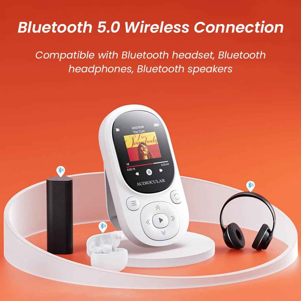 AUDIOCULAR M11 32GB Mp3 Player with Clip, Portable, Mini, Bluetooth Digital Music Player Support Upto128GB External Storage, Pedometer, FM Radio, Voice Recorder, E-Book, Stopwatch (32GB - White)