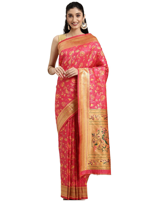 Panzora Women's Paithani Silk Saree With Unstitched Blouse Piece (Gajri-Pink)