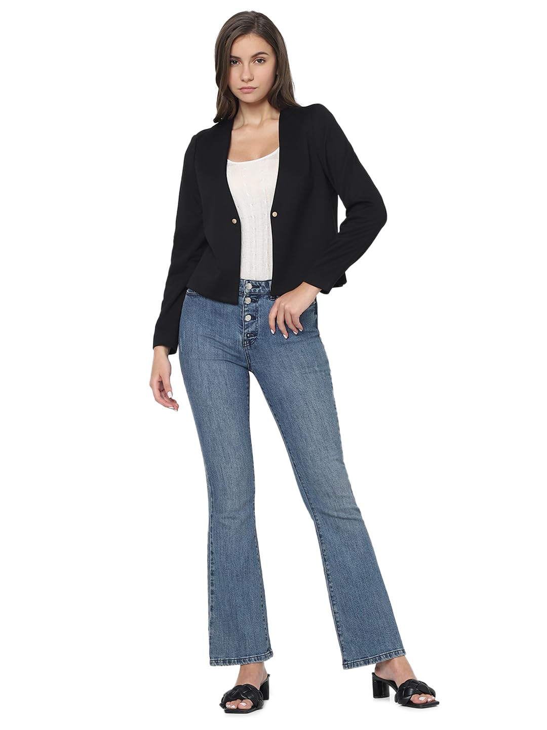 VERO MODA Women Solid Black Polyester Regular Fit Single-Breasted Blazer