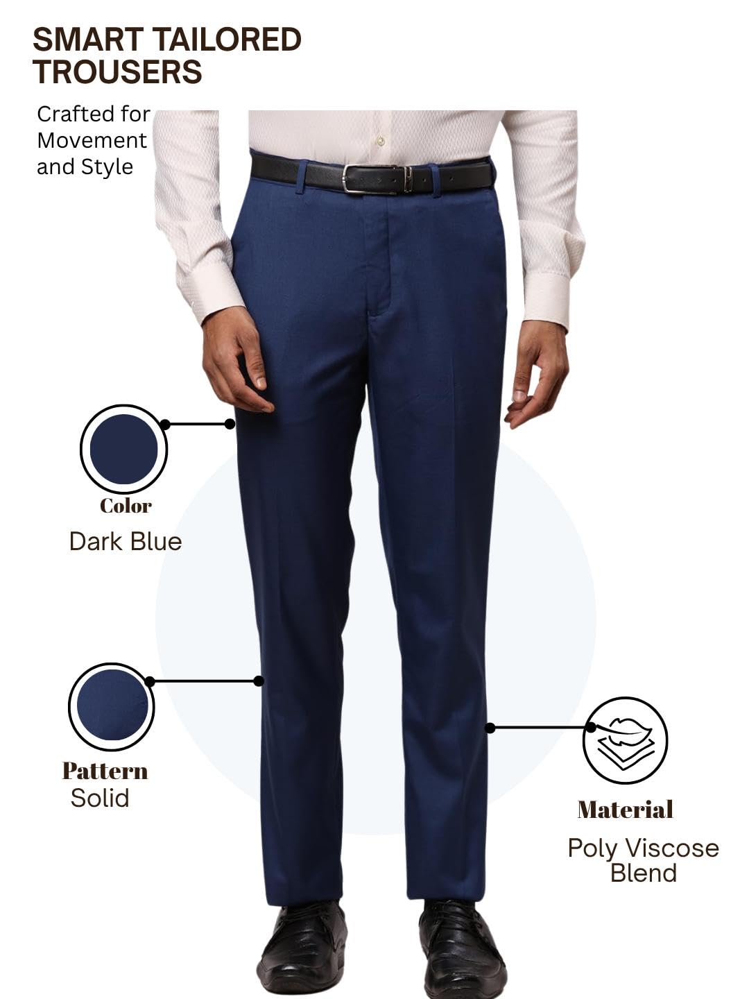 Raymond Men Slim Fit Formal Trousers, Structure Pattern, Polyester Blend, Mid Rise, Flat Front Office Wear | Dark Blue