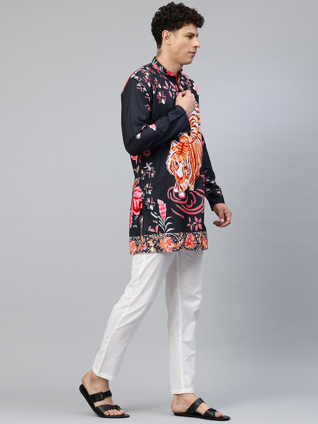 Luxrio Men's Cotton Blend Abstract Jungle Printed Textured Long Kurta Full Sleeves Black Size XXL