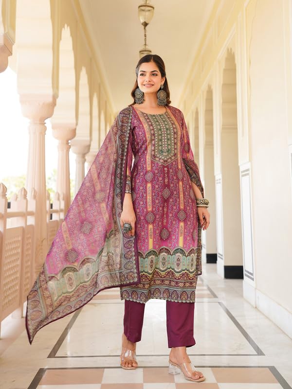 Vaamsi Women's Purple Rayon Printed Straight Kurta Pants With Dupatta Set | Festive Straight Kurta Set For Women | Printed Salwar Suit For Women (SKSKD3057, 4XL)