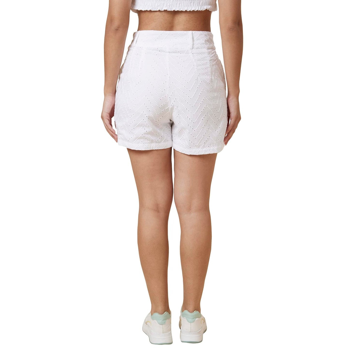 Globus Women White Self Design High-Rise Regular Fit Schiffli Short-3637120004