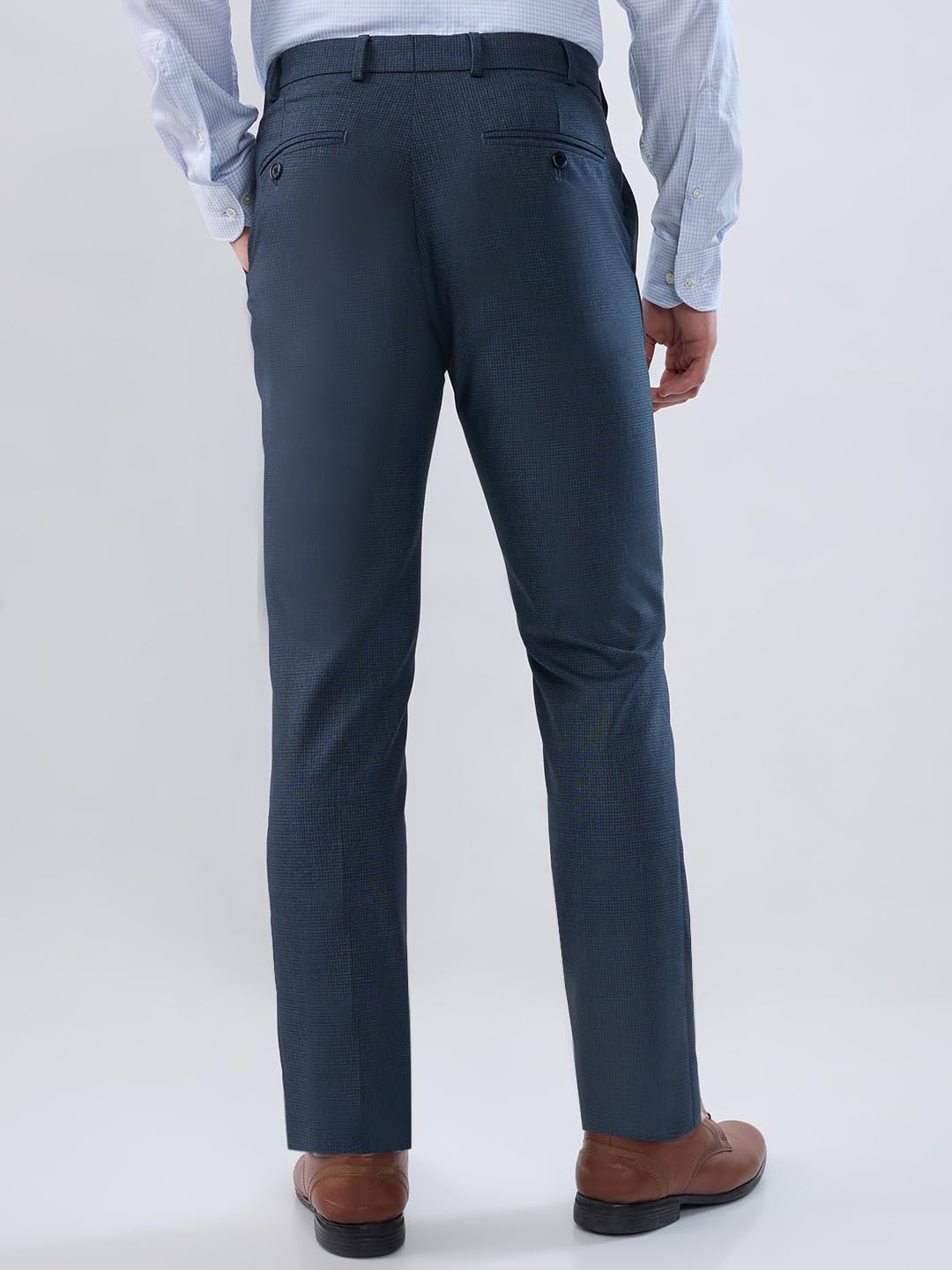 Raymond Men’s Slim Fit Formal Trousers, Polyester Blend, Flat Front, Checked Design, Office Wear | Dark Blue
