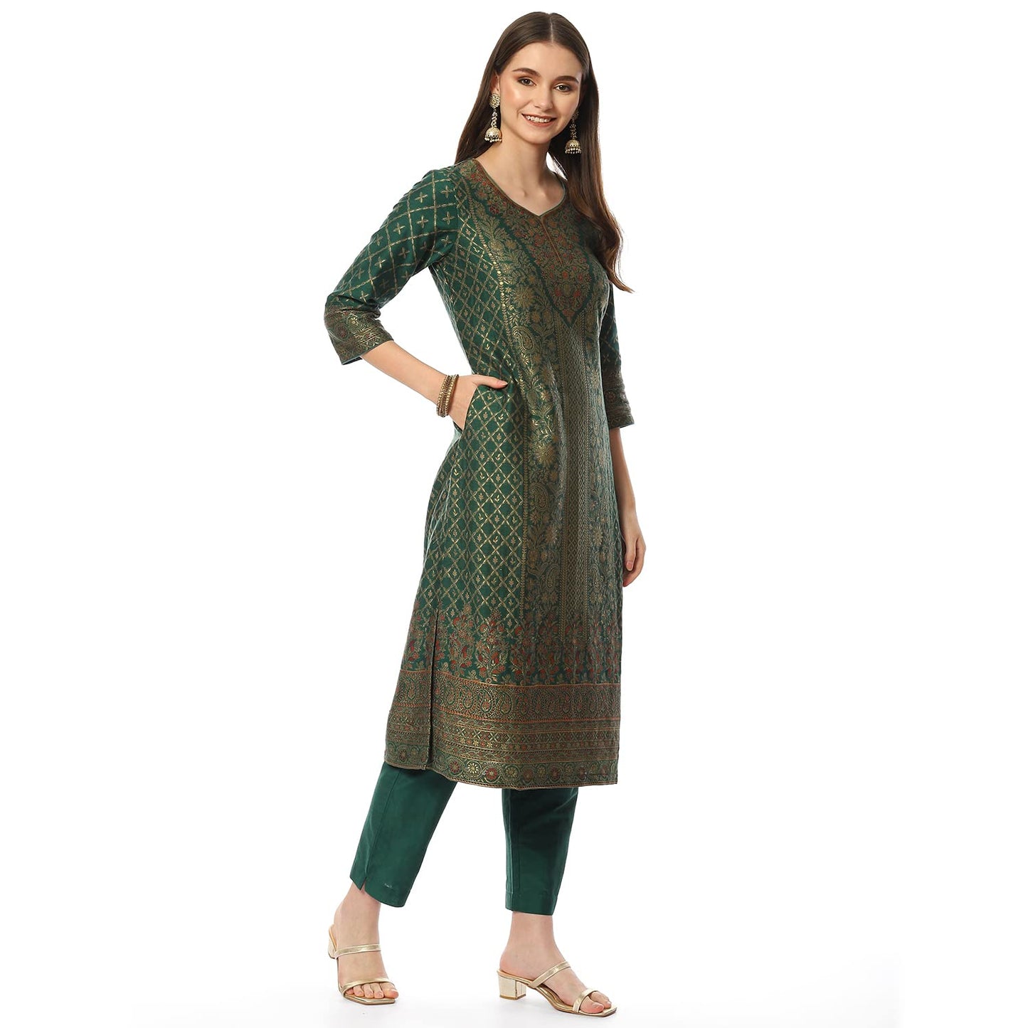 BIBA WOMEN YARNDYED NARROW SALWAR KURTA DUPATTA(SKDASSORTED8386_EMRGREEN_42)