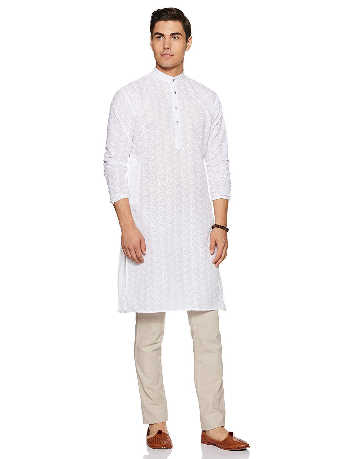 Royal Kurta Mens Chikan Embroidered Cotton Kurta White