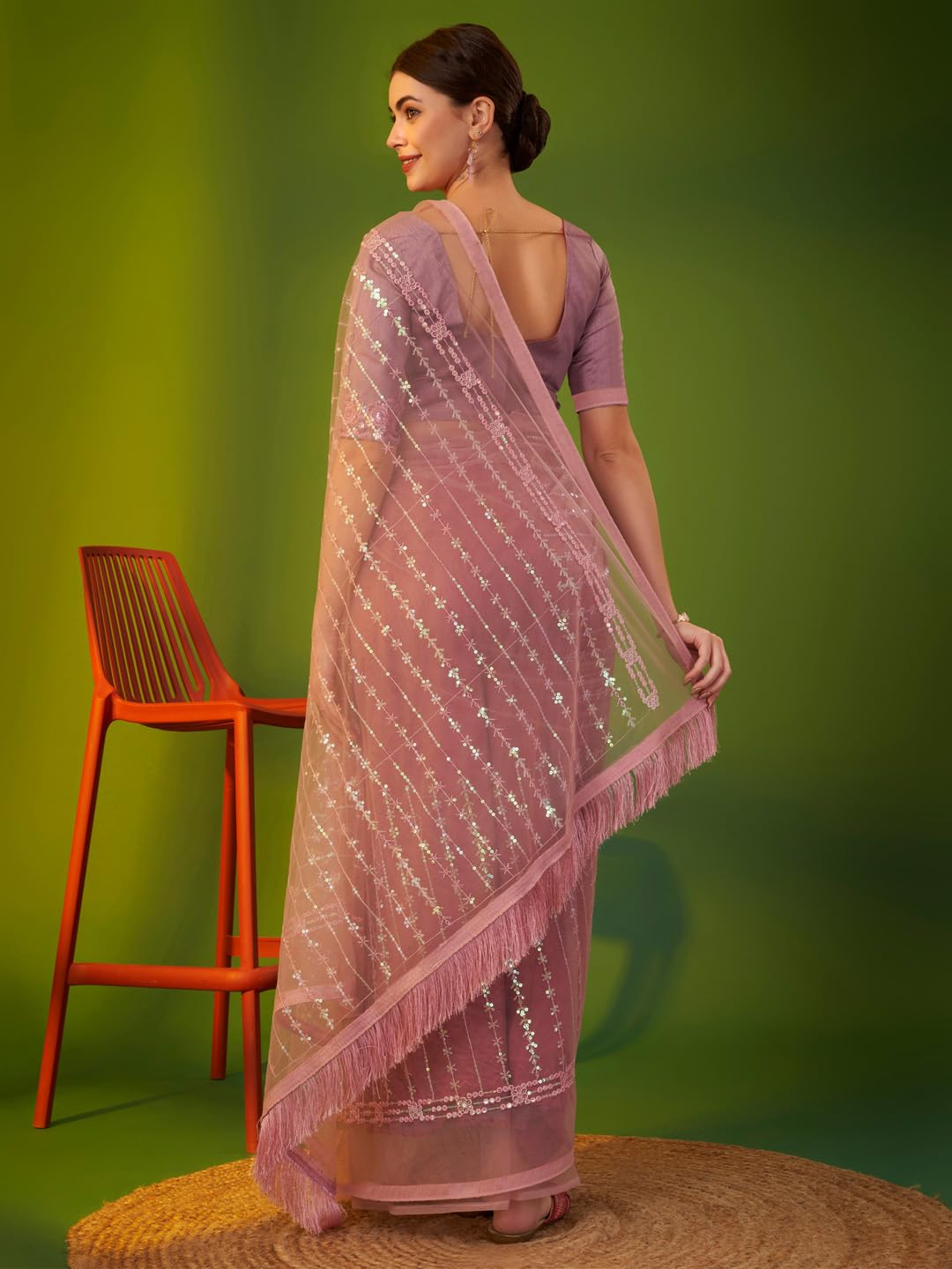 AKHILAM Women's Mauve Net Embellished Lace Work Saree with Unstitched Blouse Piece (AAVYA3501_HV)