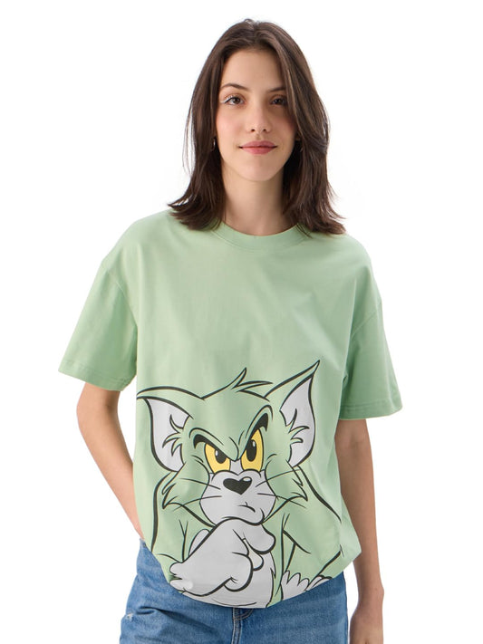 The Souled Store Official Tom and Jerry: Time to Think Women and Girls Short Sleeve Round Neck Green Graphic Printed Cotton Oversized T-Shirts
