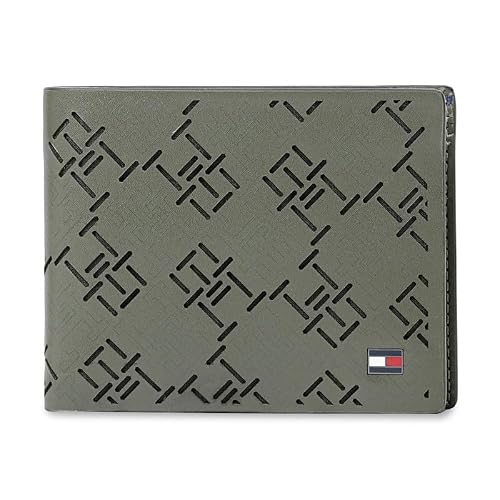 Tommy Hilfiger Men's Leather Wallet Strovolos | Laser-Detailed Olive Bi-Fold with Global Coin Pocket | Stylish Purse for Gents