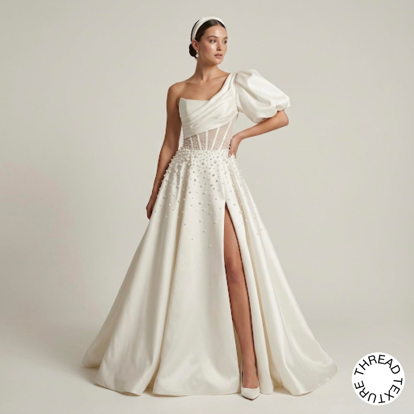 ThreadTexture Women's Elegant One Shoulder Puff Sleeve Pearl Embellished Bridal Wedding Gown (in, Alpha, S, Regular, Off White, Designer Shivay)