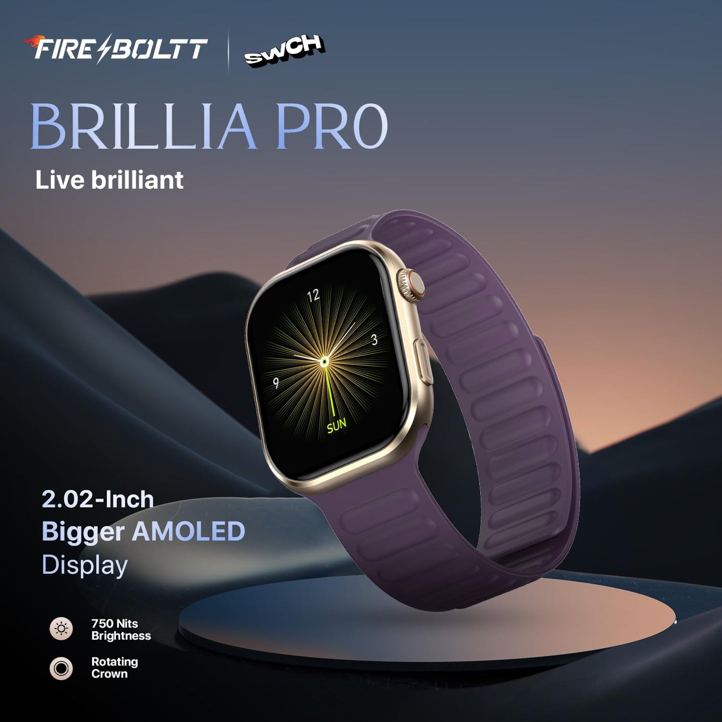 Fire-Boltt Brillia Pro Smart Watch with 51.3mm (2.02 inch) AMOLED Display, Bluetooth Calling, SpO2, Heart Rate Monitoring, 120+ Sports Modes, IP67 Waterproof, Long Battery Life (Wine Mag)