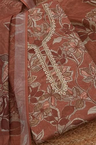 Soch Womens Earth Linen Floral Unstitch Dress Material With Beads And Stones