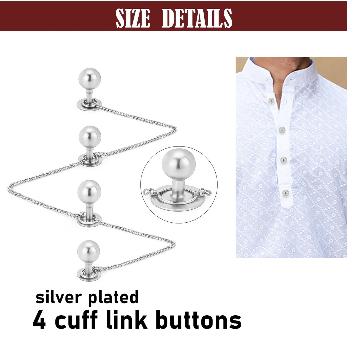THANU'S CRAFT White Stone Silver Plated Kurta Buttons Studs Cufflinks With Chain For Men And Women