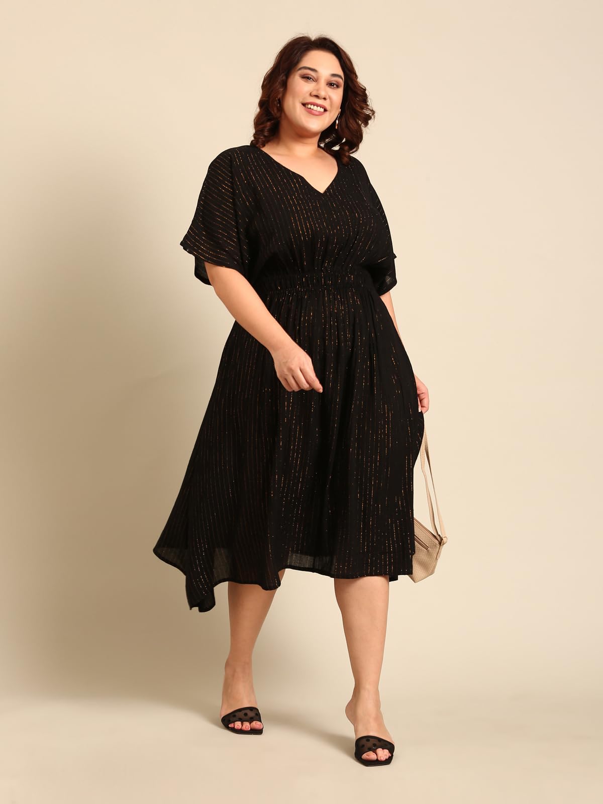 The Pink Moon Women's Maxi Plus Size Black and Gold Lurex Dress with Waist Smocking Dress - (DRS_SMKING_GOLDLX_Black_2XL)