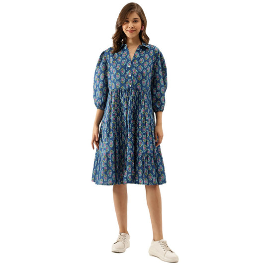 Divena Blue Paisley Printed Cotton Dress for Women