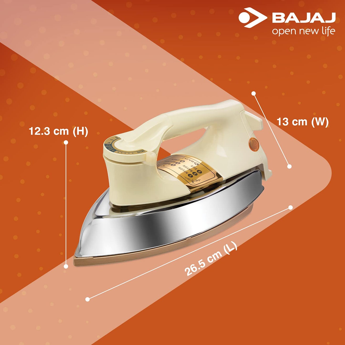 Bajaj DHX-9 1000W Heavy Weight Dry Iron | Advance Soleplate And Anti-Bacterial German Coating Technology | Multiple Temperature Levels | 2 Yr Warranty 【Ivory】