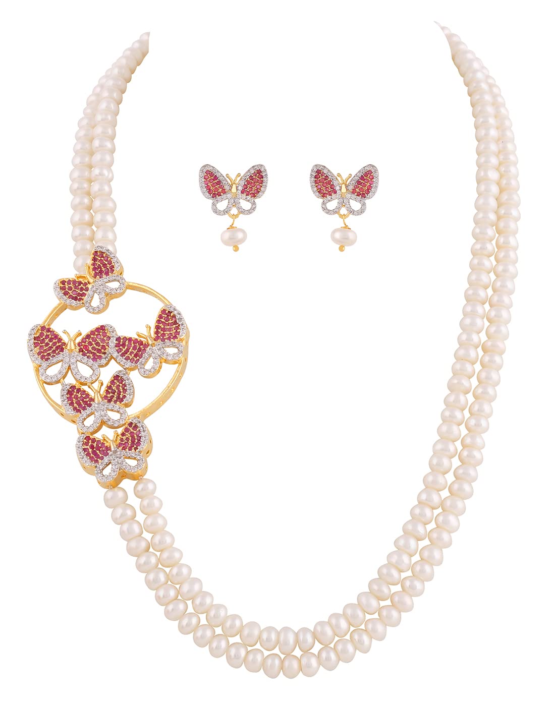 Natural Fresh Water Pearls Peacock Design Side Piece Necklace Set For Women Girls (Red)