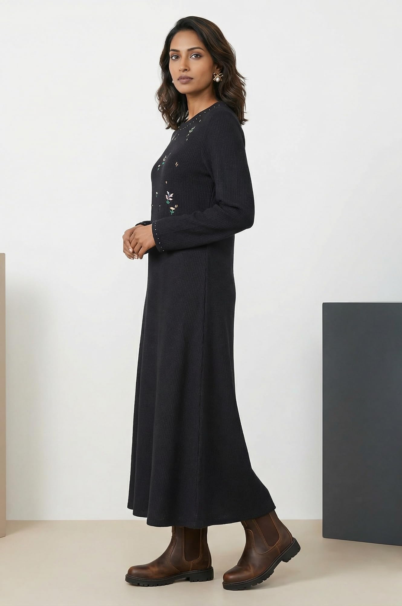 W for Woman Black Yarn Dyed Embroidered Rayon Blend A-line Winter Dress - (W13321-224580-XL)