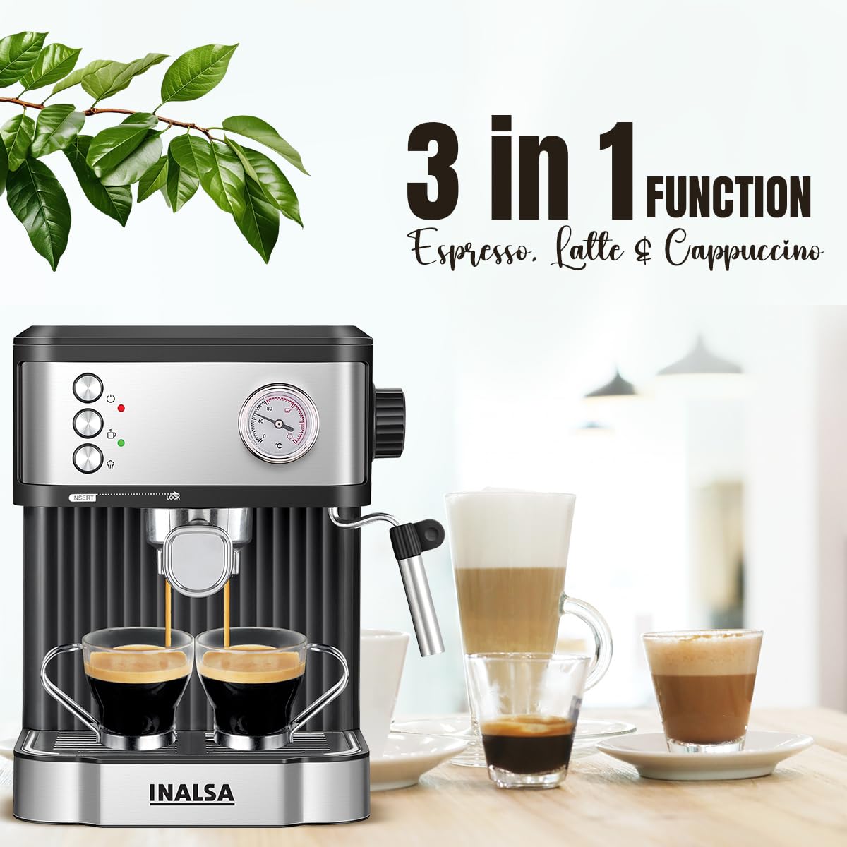 Inalsa Espresso Coffee Machine for Home, Office|15 Bar Pressure|NTC Visible temperature Control Technology With Milk Frother|Double Shot System|3in1- Espresso, Cappuccino & Latte (Espressimo 15)