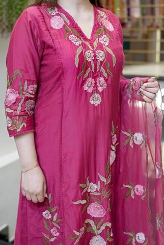 AVYUKTHA | Women’s Embroidered Kurta Set with Pyjamas & Dupatta | Ethnic Suit for Festive, Casual & Daily | Pink | Size- XL