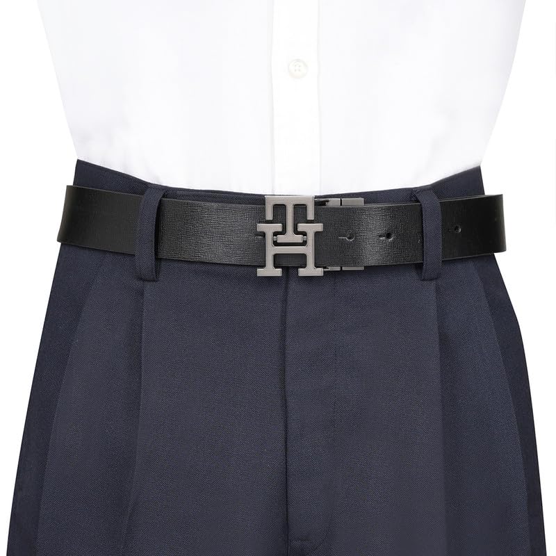 Tommy Hilfiger Men's Phnom Reversible Leather Belt - Textured Black Style With Th Monogram And Brushed Gunmetal Finish - Semi-Formal Versatility | Size L - 100 CM | Ideal for Gifting