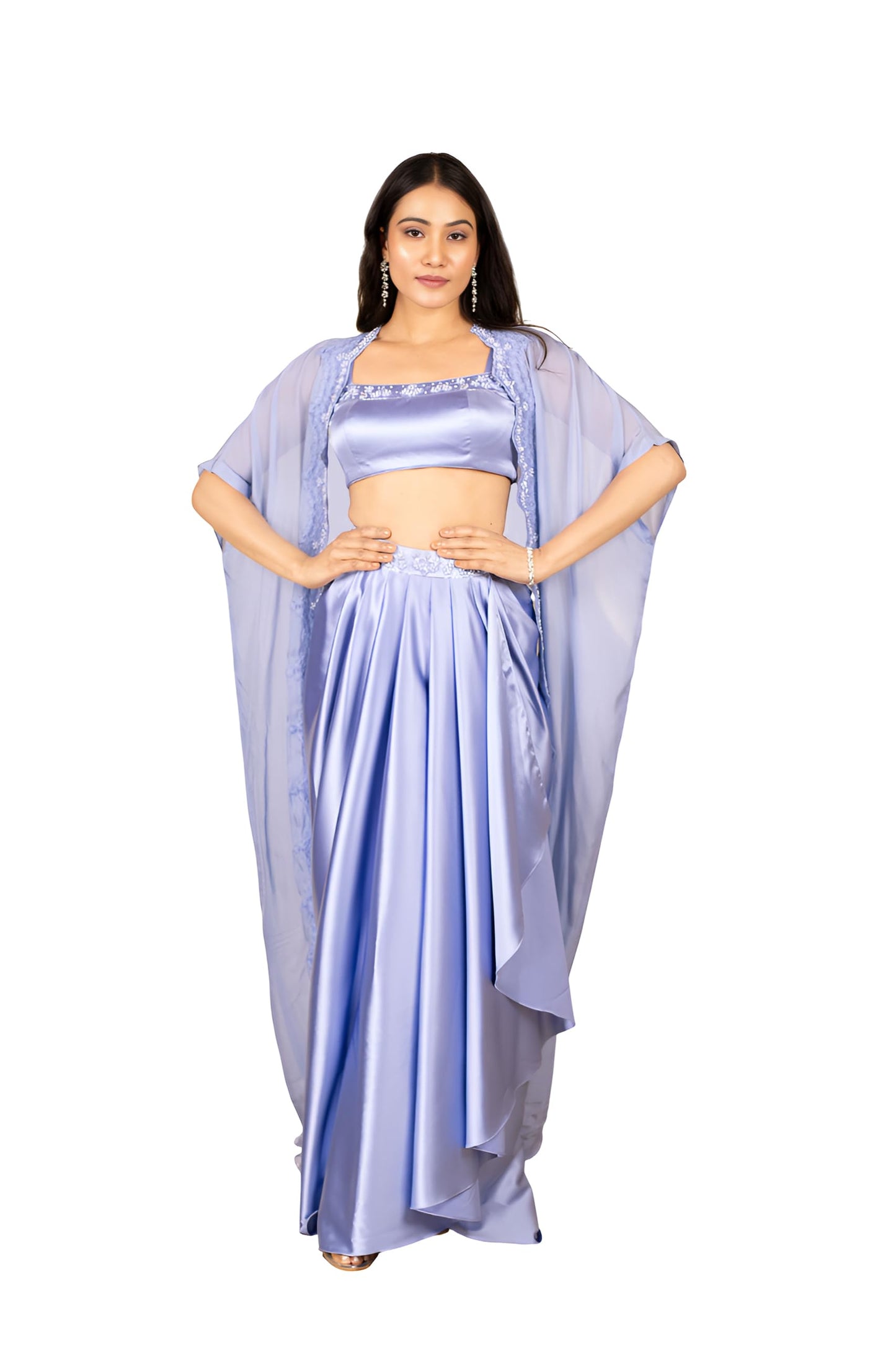 The Behruz Theory Embellished Blouse with Drape Skirt & Shrug | Elegant Drape Skirt | Modern Fusion Wear | Premium Fabrics | Perfect for Special Events | Party wear dress