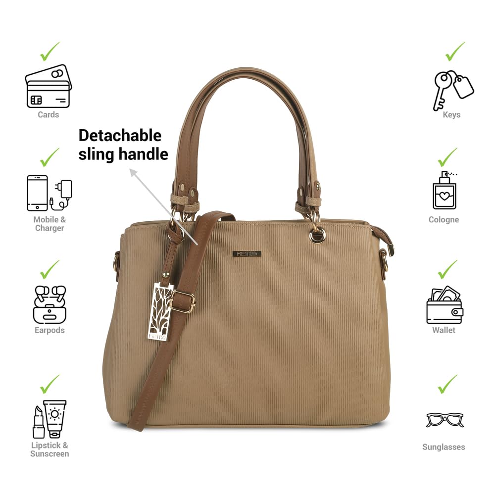 Metro Women Beige Faux Leather Handbag with Detachable Sling (66-7852)