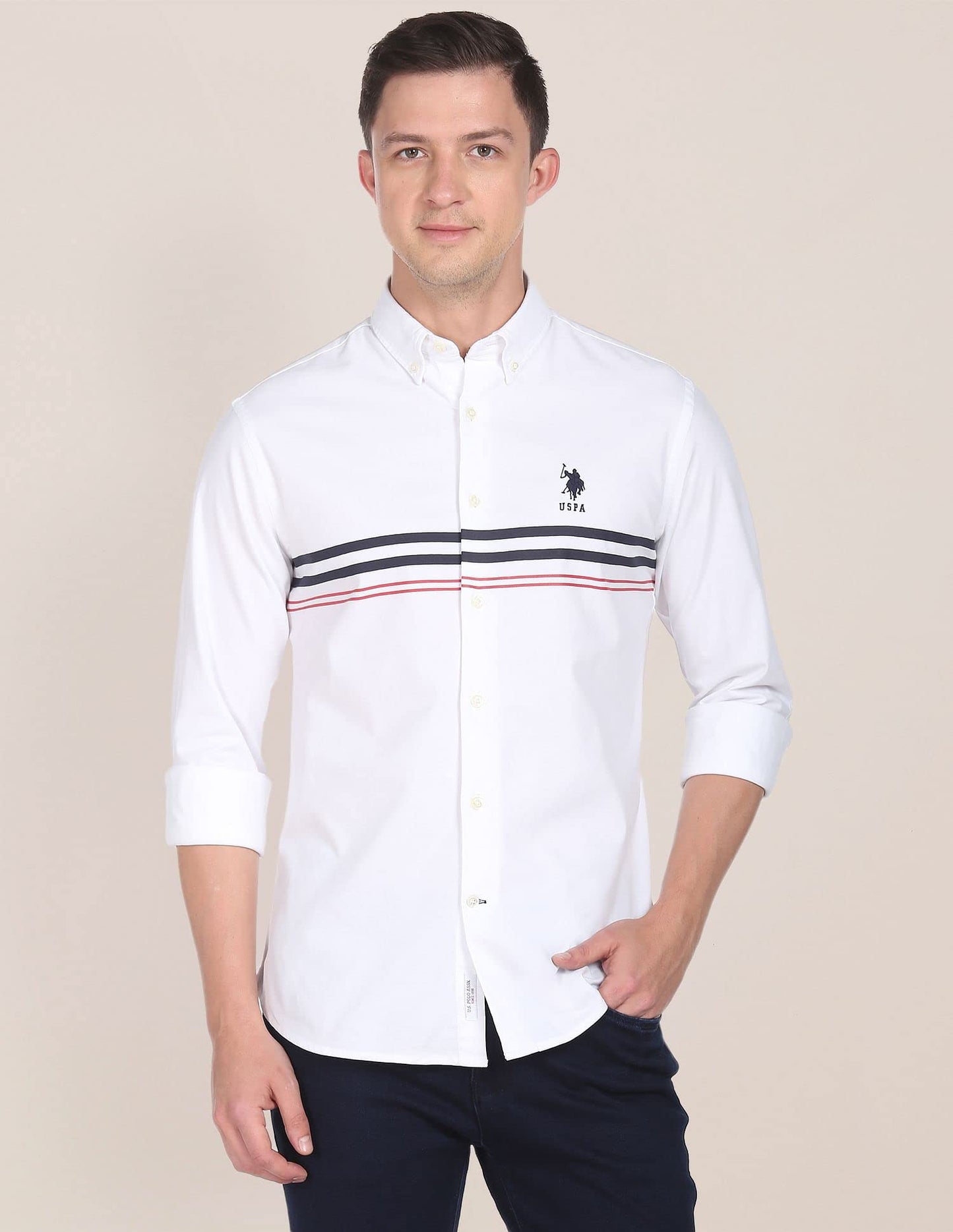 U.S. POLO ASSN. Mens Printed Engg Stripe FS Shirts (USSHTFX0027_White_M)