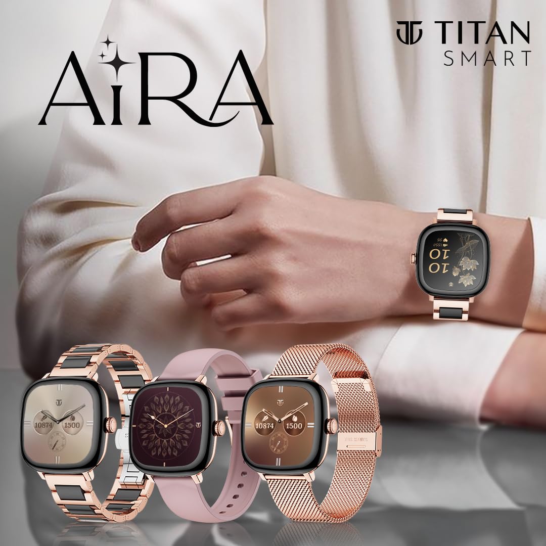 Titan AiRA 1.70" AMOLED Metal Case Square Display Smart Watch with Silicone Strap Stress Monitoring, 1000 Nits, Functional Crown, AI Enabled, IP68 Water Resistant Upto 7 Days Battery Life- Pink