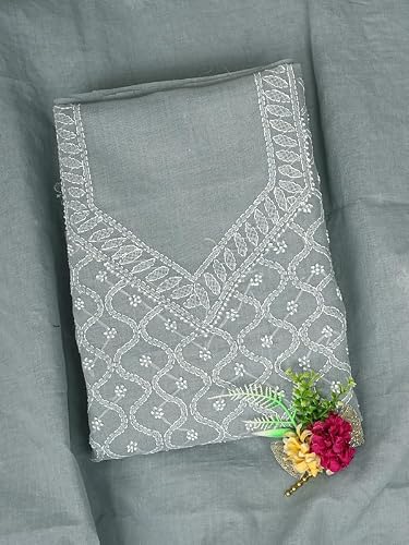 Ada Hand Embroidered Lucknowi Chikankari Unstitched Cotton Dress Material Suit Piece with Dupatta for Women 01A882279 Fossil Grey
