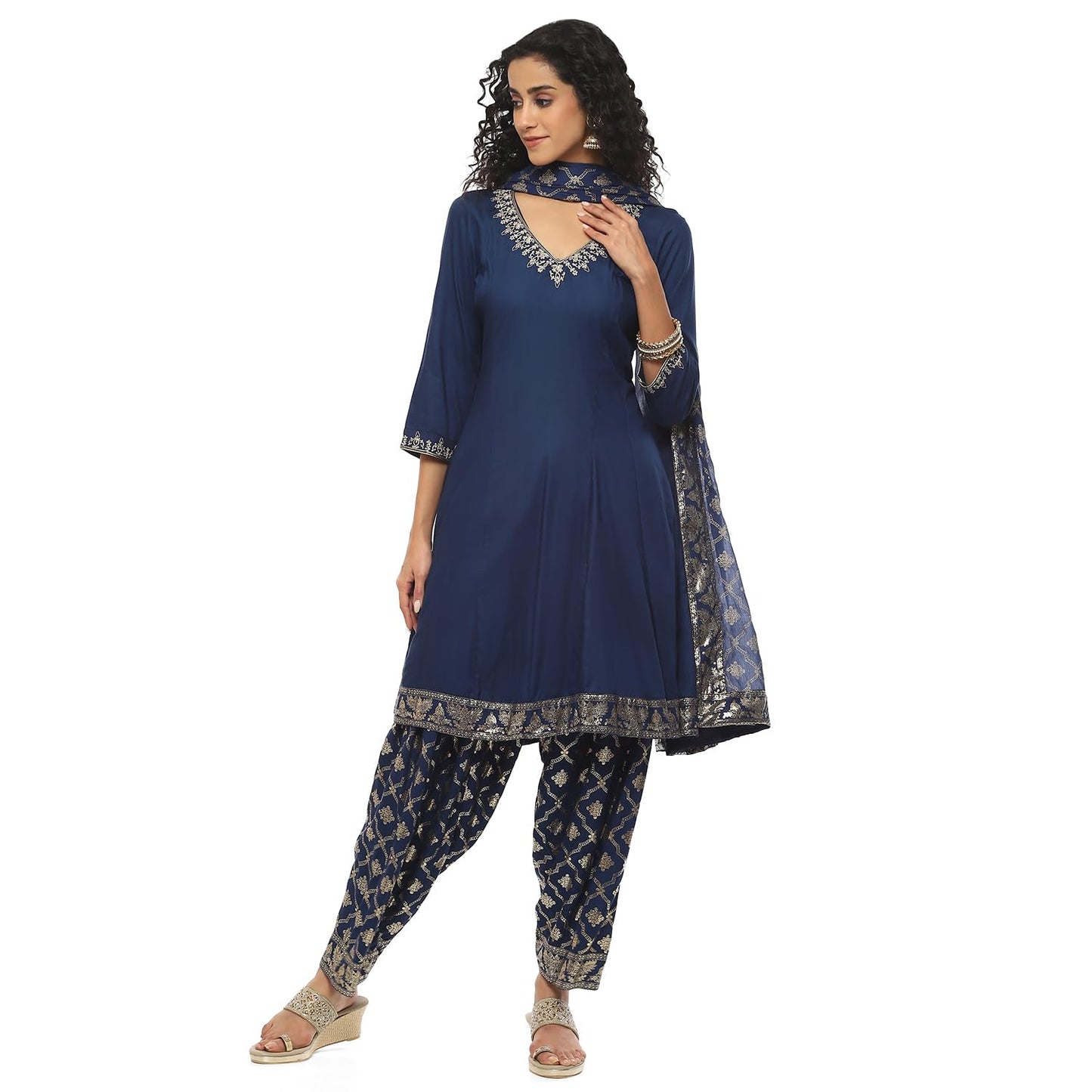 BIBA Women Embroidery Kalidar Salwar Rayon Kurta With Dupatta-(Skdgold Mur9147_Blue_36)