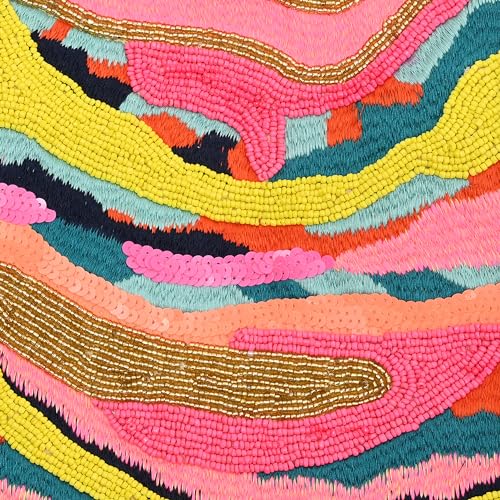 Boho Girl Rainbow Waves Embellished Tote | Hand Beaded Navy Blue Jacquard Tote | Handicrafted Bag for Women | Multicolour Bead Embellished Handbag | Birthday Gifts for Sisters | Handbag for Office