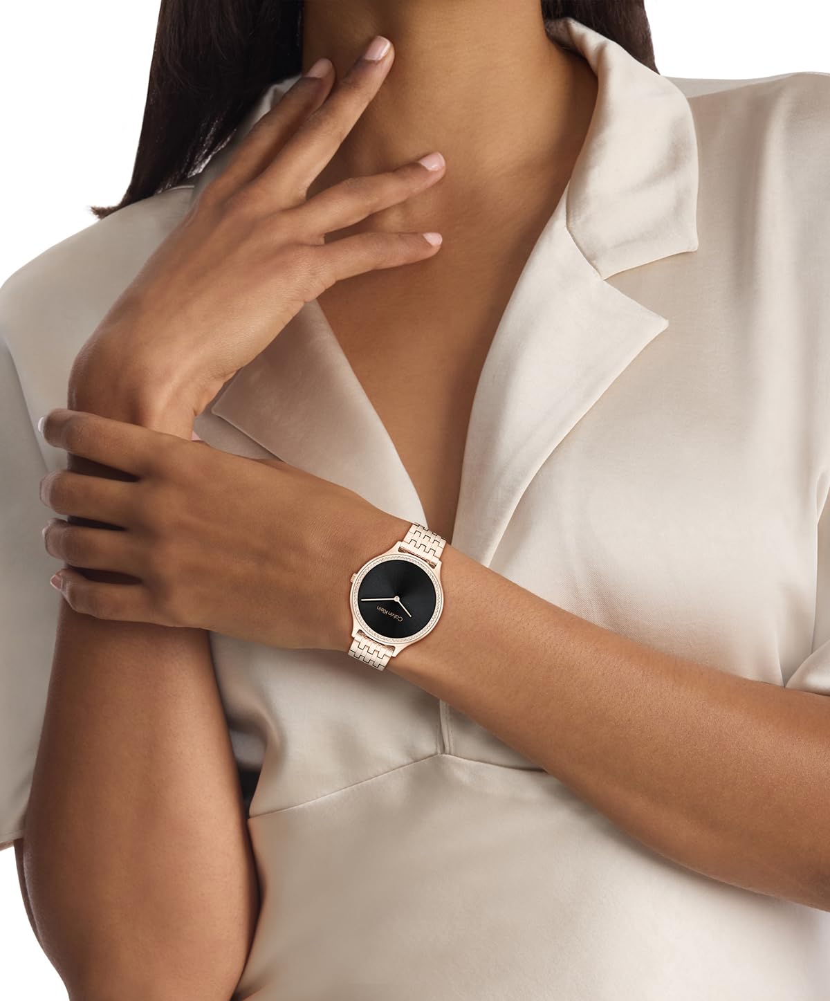 Calvin Klein Ck Timeless Qtz Basic Black Round Dial Women's Watch|Ionic Plated Carnation Gold Steel Material|Gold Color Band - 25100003