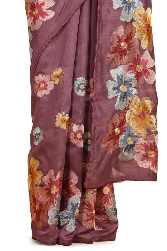 Soch Womens Purple Floral Embroidered Tussar Saree