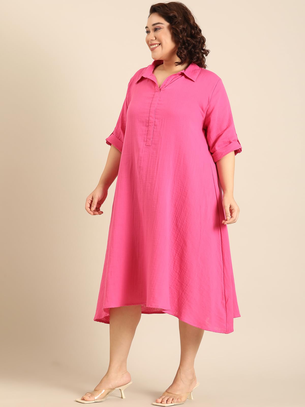 the PINK MOON Women's Plus Pink A-Line Shirt Dress (DRS CH PNKDC 3XL)