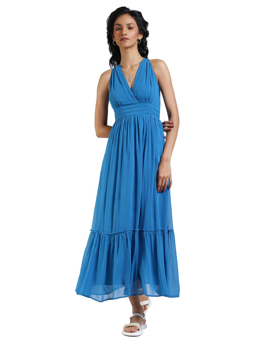 Label RITU KUMAR V-Neck Sleeveless Long Dress Electric Blue