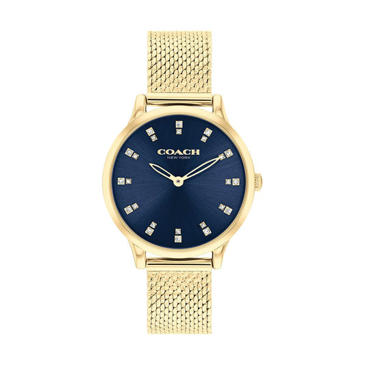 Coach Chelsea Qtz Basic Slim Navy Round Dial Women's Watch|Ionic Plated Thin Gold Steel Material|Gold Color Band - 14504218