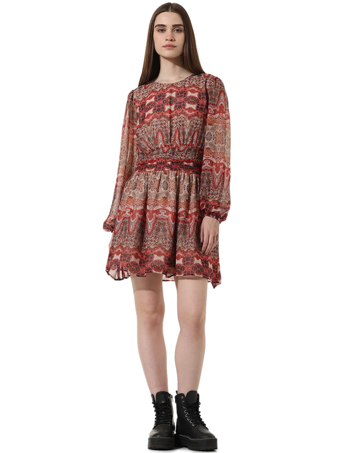 ONLY Women Printed Polyester Above Knee Brown A-line Dress