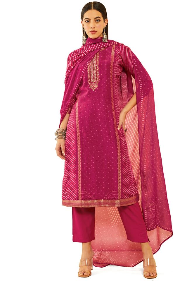 Soch Womens Fuchsia Brocade Bandhani Printed Suit Set with Mirror Work