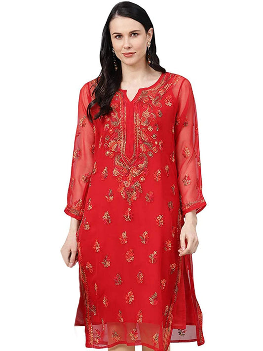Ada Lucknowi Chikankari Faux Georgette Hand Embroidery Kurta with Slip for Women 5XL411155 Red