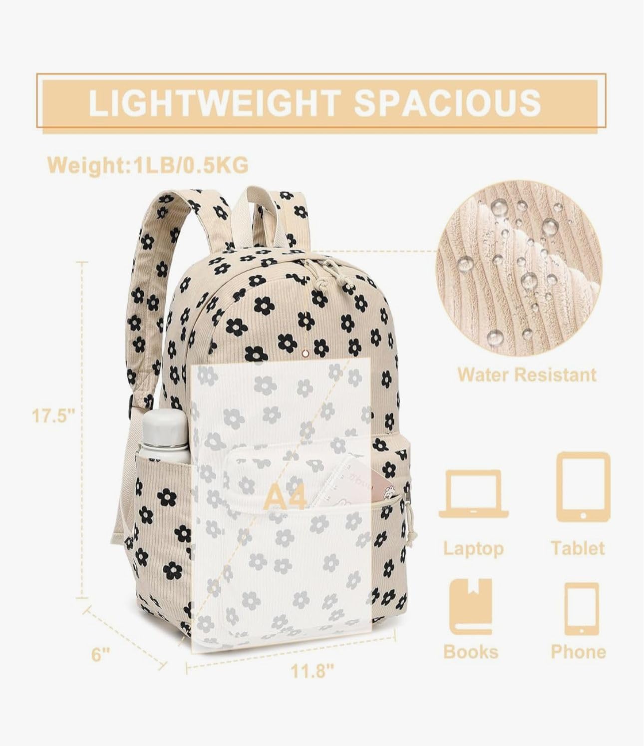 Satic School & College Backpack for Teens Large 25L Corduroy Bookbag Lightweight for Girls Women Lightweight Travel Backpack (Floral Beige)
