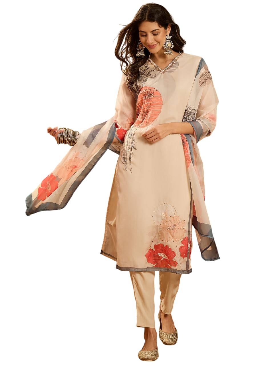 Stylum Women's Printed & Embroidered Soft Organza Straight Kurta Pant Dupatta Set