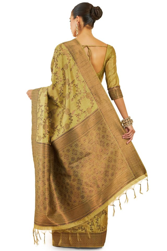 Soch Womens Light Green Tussar Silk Saree With Floral And Foliage Woven Designs