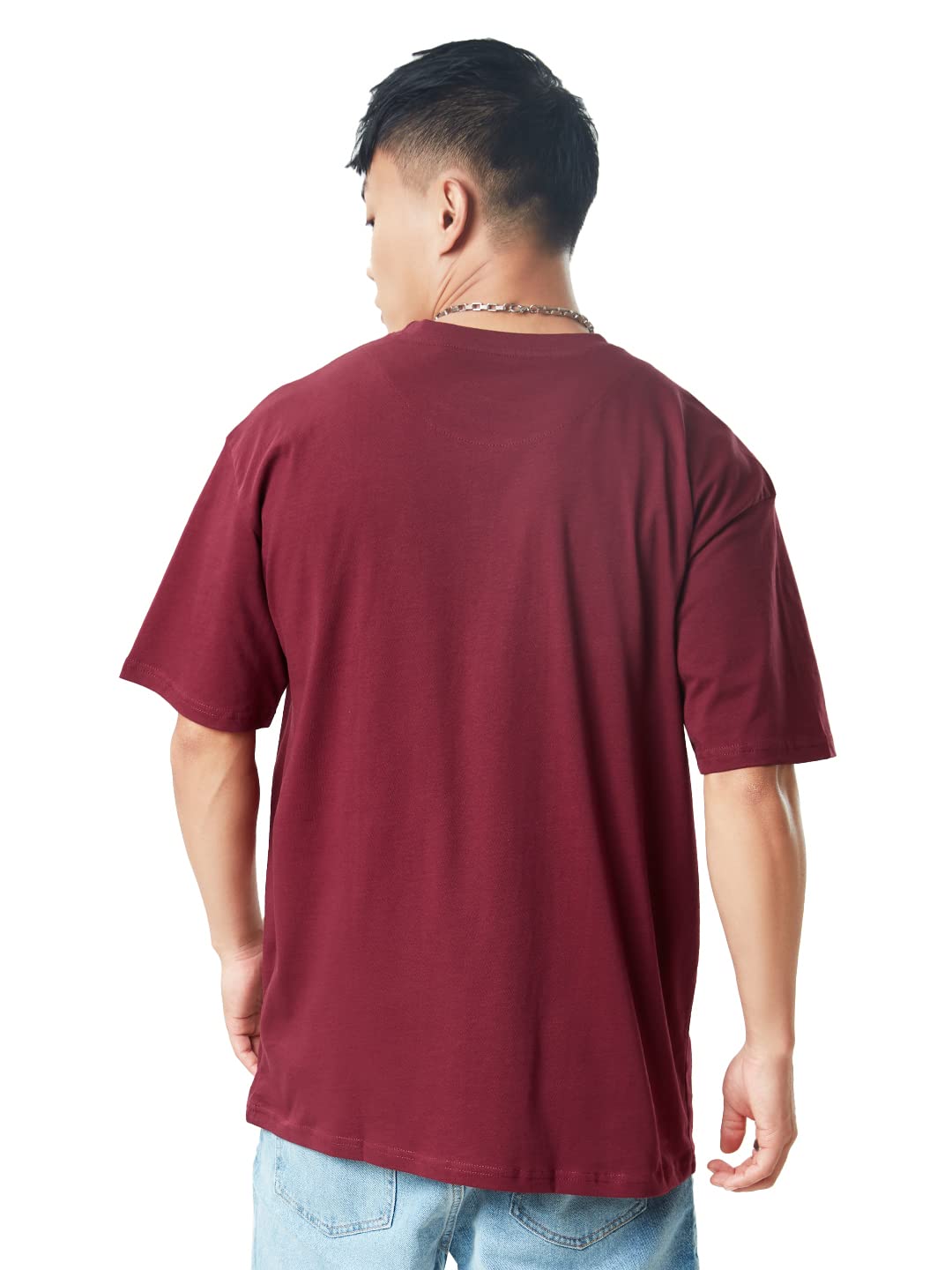 The Souled Store Men Basic Burgundy Solid Oversized T Shirts for Men Baggy Off-Shoulder Loose Fit Relaxed Drop Shoulder Half Sleeve Round Neck Back Printed