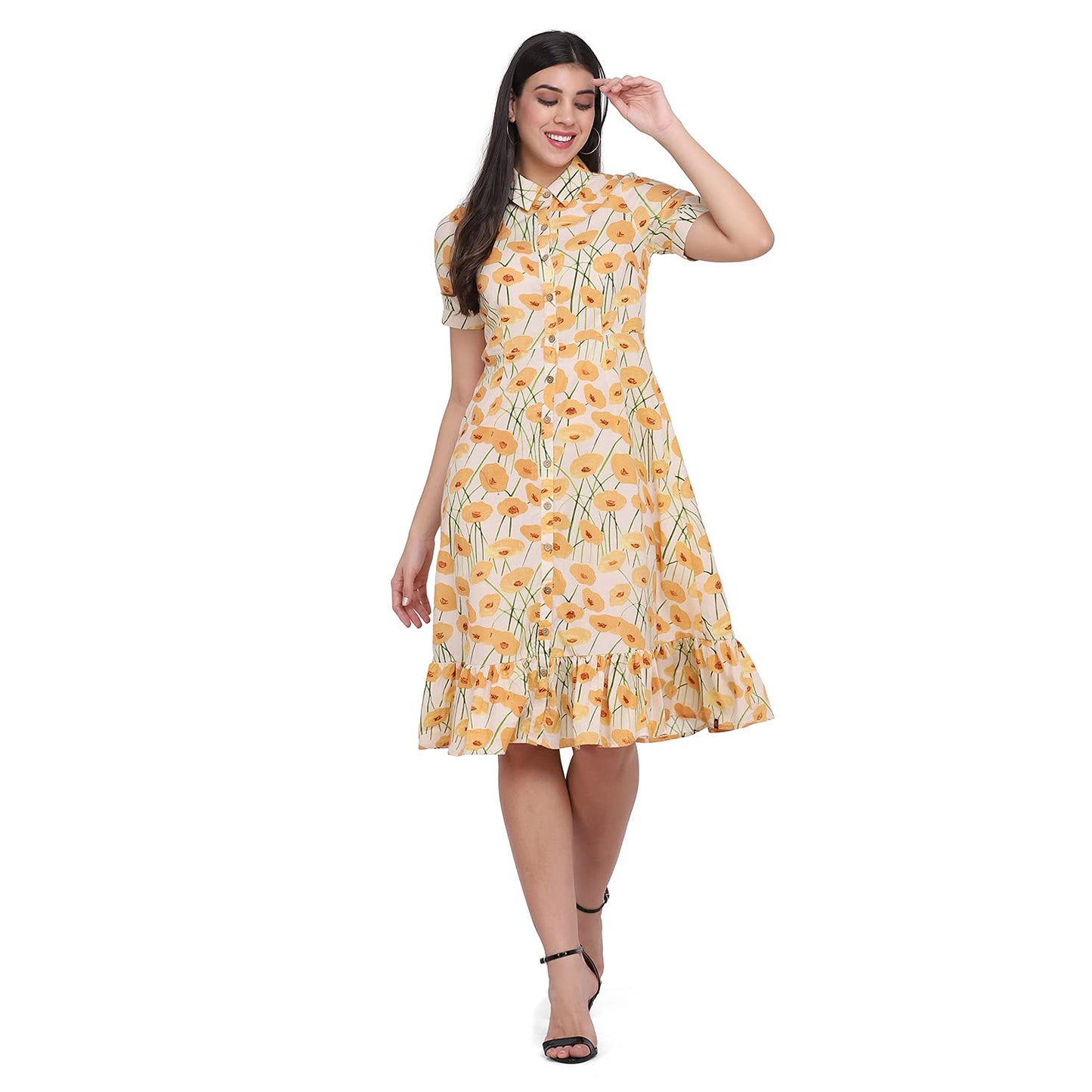 Rangavali Off White Cotton Frill Dress for Women | Western A-Line Frill Short Dress for Womens | Dresses for Ladies | L, 1 Pcs