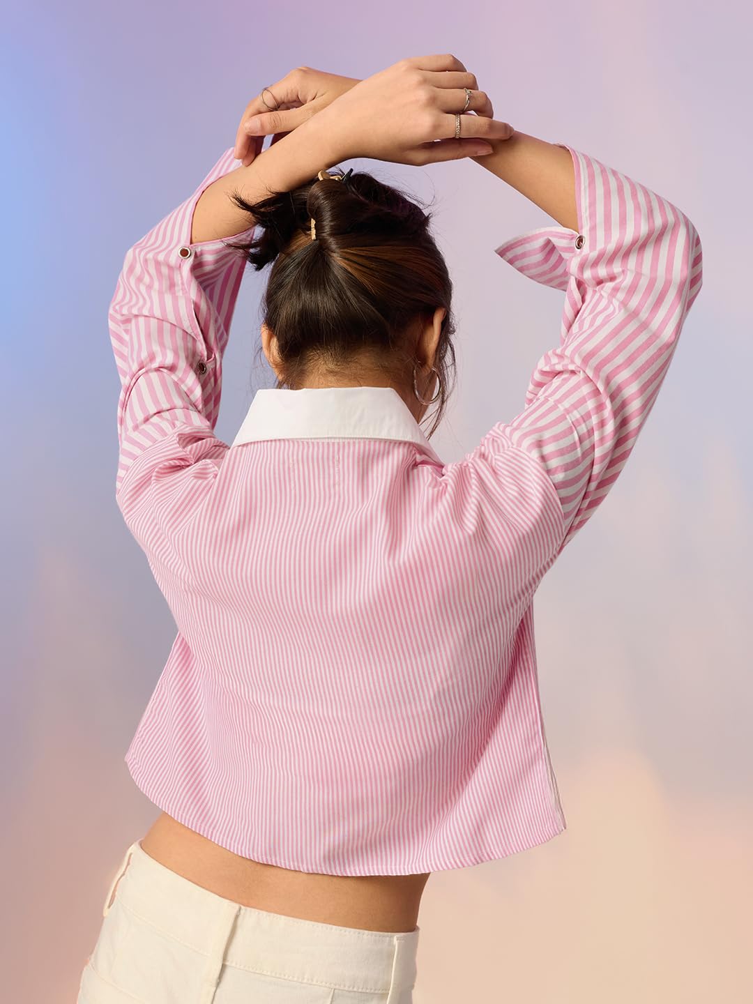The Souled Store Stripe Shirt: Pink Play Women and Girls Full Length Sleeves Spread Collar Pink and White Geometric Striped Cotton Oversized Fit Eyelet Slit Hem Lightweight Everyday Shirt