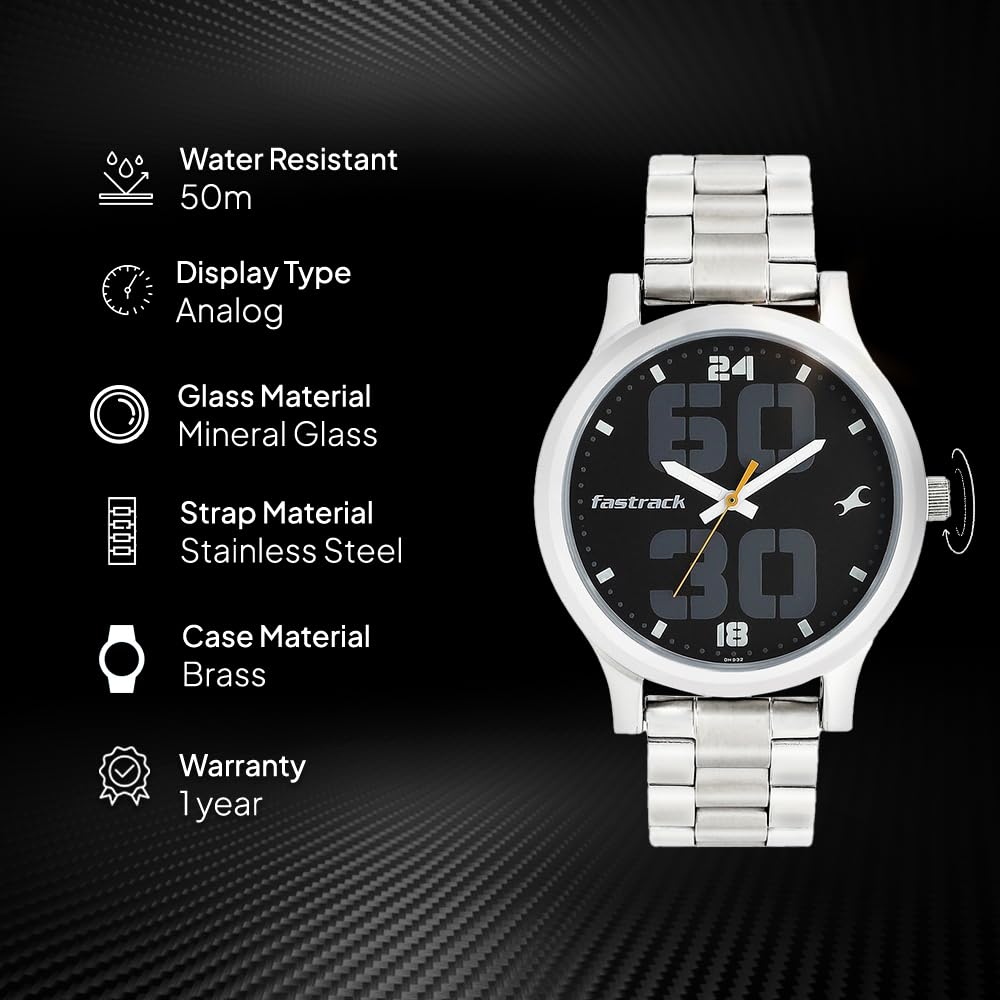 Fastrack Black Dial Silver Band Analog Stainless Steel Watch For Men -NR38051SM07